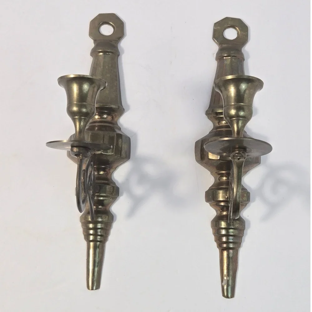 Vintage Solid Brass Wall Sconce Candle Holders Set of 2 Ornate Scroll Arm 10.5